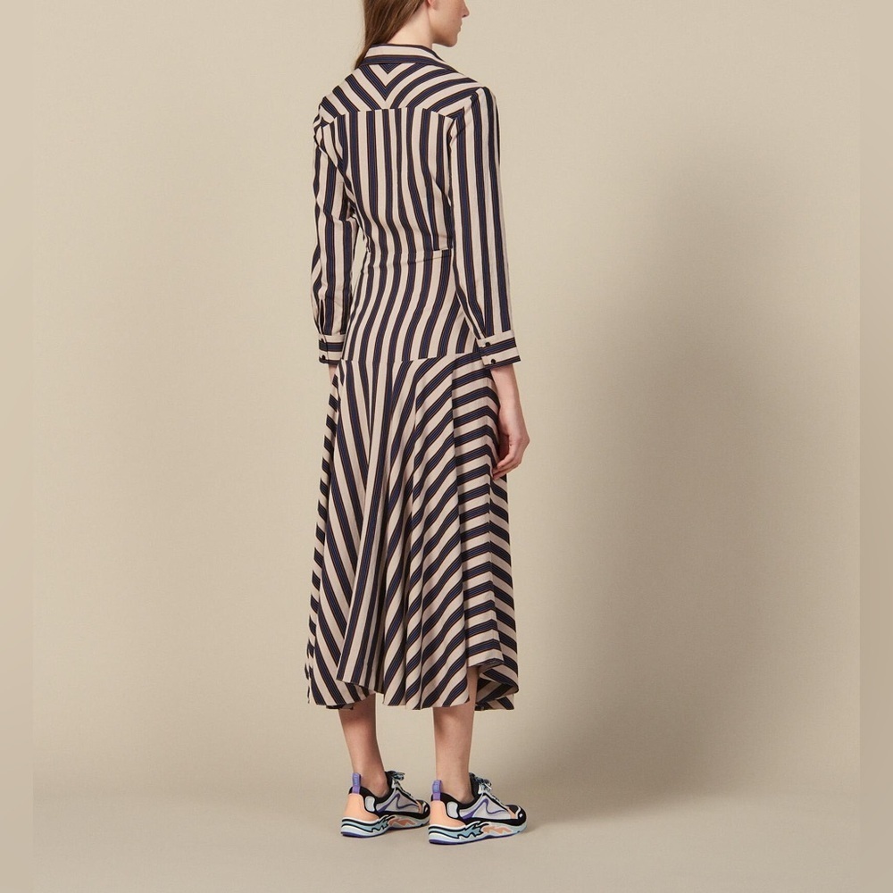 Sandro Paris Vilna Striped Tie-Front Midi Dress Beige/Blue Size 42 (US 10) NWT - Picture 5 of 12